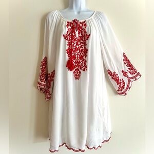 CC White Rayon Dress with Red Embroidery / Size M